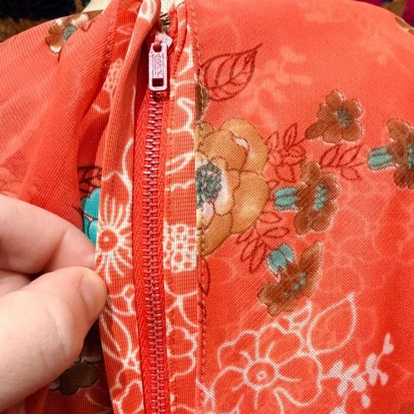 Vintage 70s Coral Orange Floral Maxi Dress Ruffle Flutter Sleeve Boho Size 10 - Picture 6 of 9